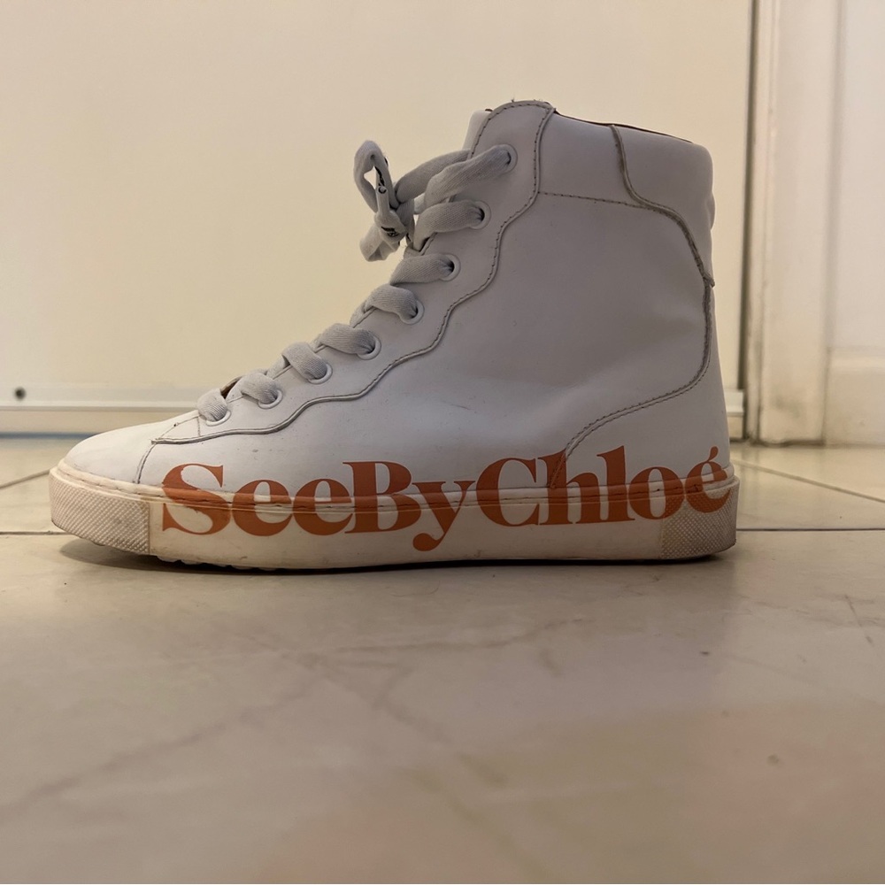 See By Chloe High Top Leather Sneaker Shoes, White, Women’s Size 36 (6 US)